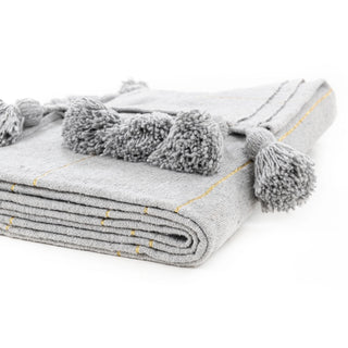 Moroccan Pom Pom Blanket - Grey & Gold - Benisouk