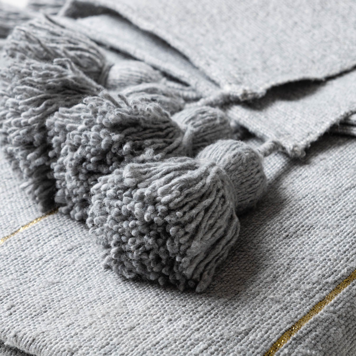 Moroccan Pom Pom Blanket - Grey & Gold - Benisouk