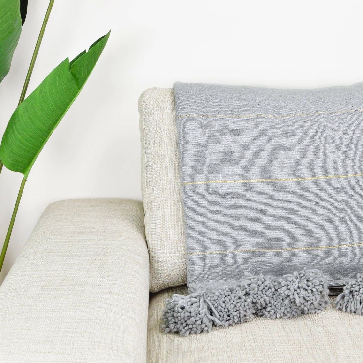 Moroccan Pom Pom Blanket - Grey & Gold - Benisouk