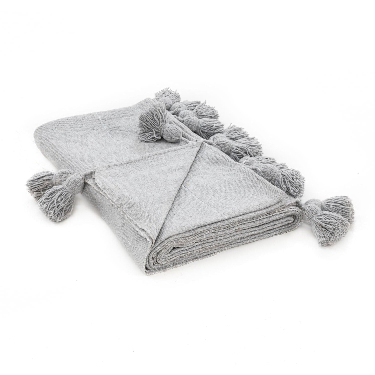 Moroccan Pom Pom Blanket - Grey & Silver - Benisouk