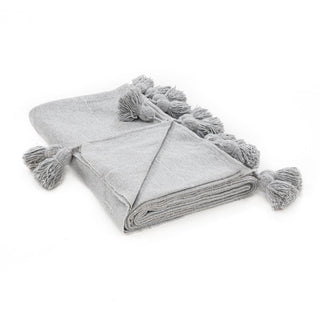 Moroccan Pom Pom Blanket - Grey & Silver - Benisouk