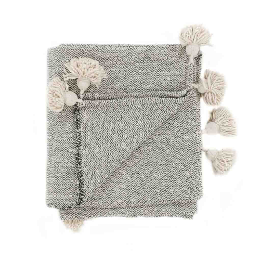 Moroccan Pom Pom Blanket - Grey & White - Benisouk