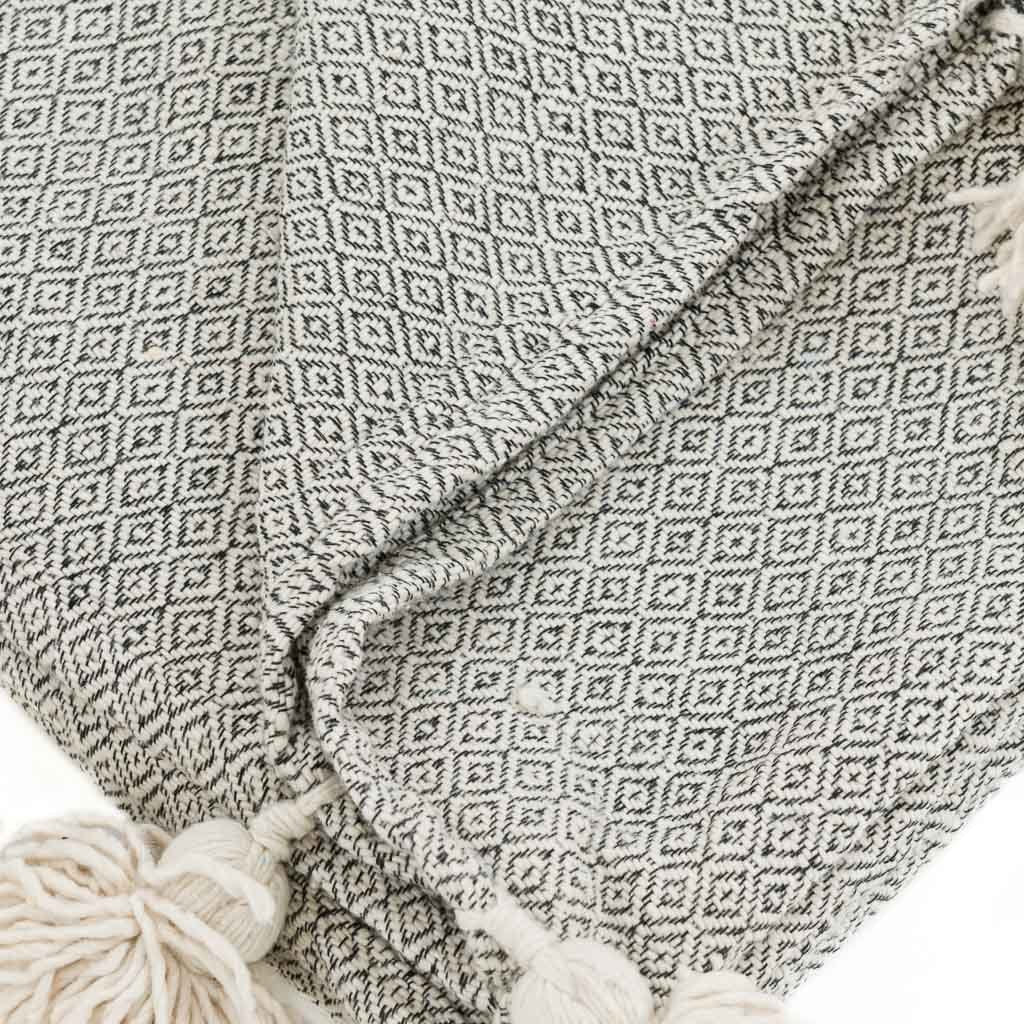 Moroccan Pom Pom Blanket - Grey & White - Benisouk