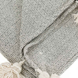 Moroccan Pom Pom Blanket - Grey & White - Benisouk
