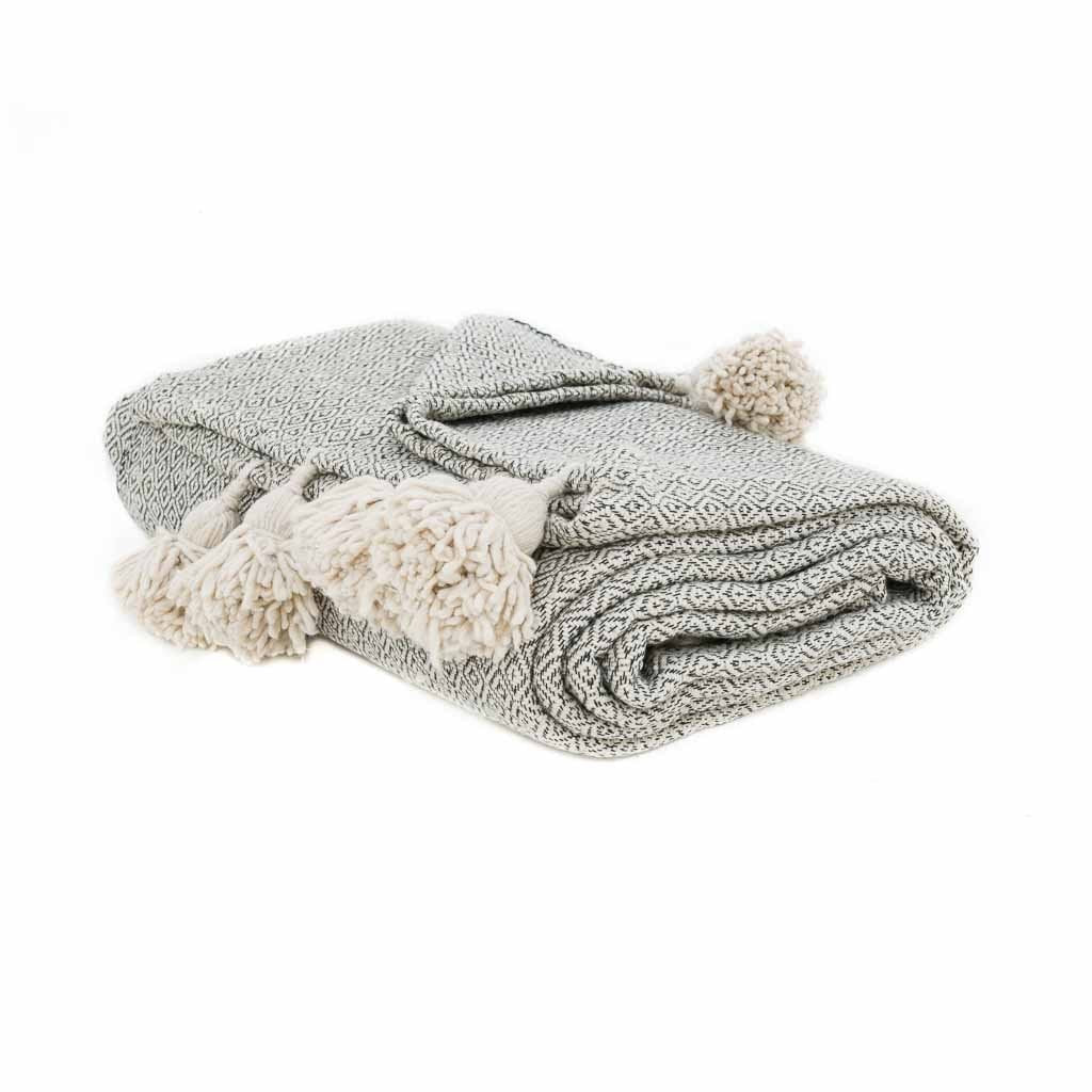 Moroccan Pom Pom Blanket - Grey & White - Benisouk