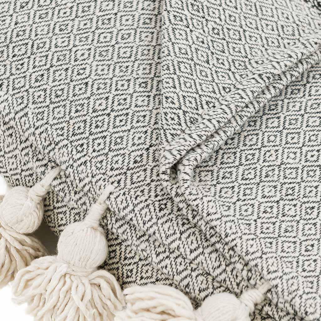 Moroccan Pom Pom Blanket - Grey & White - Benisouk