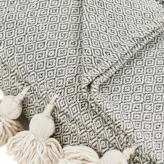 Moroccan Pom Pom Blanket - Grey & White - Benisouk