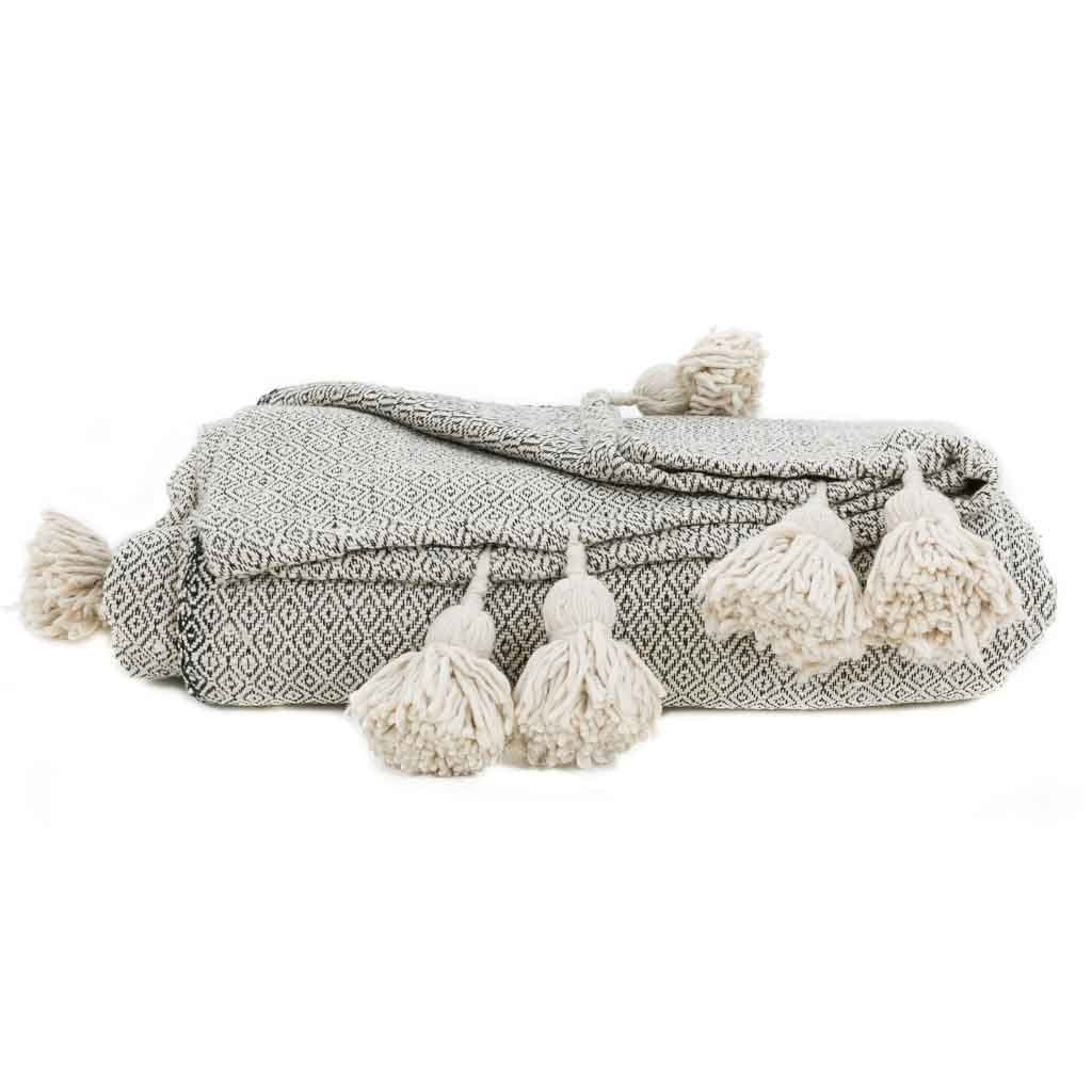 Moroccan Pom Pom Blanket - Grey & White - Benisouk