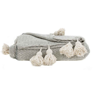 Moroccan Pom Pom Blanket - Grey & White - Benisouk