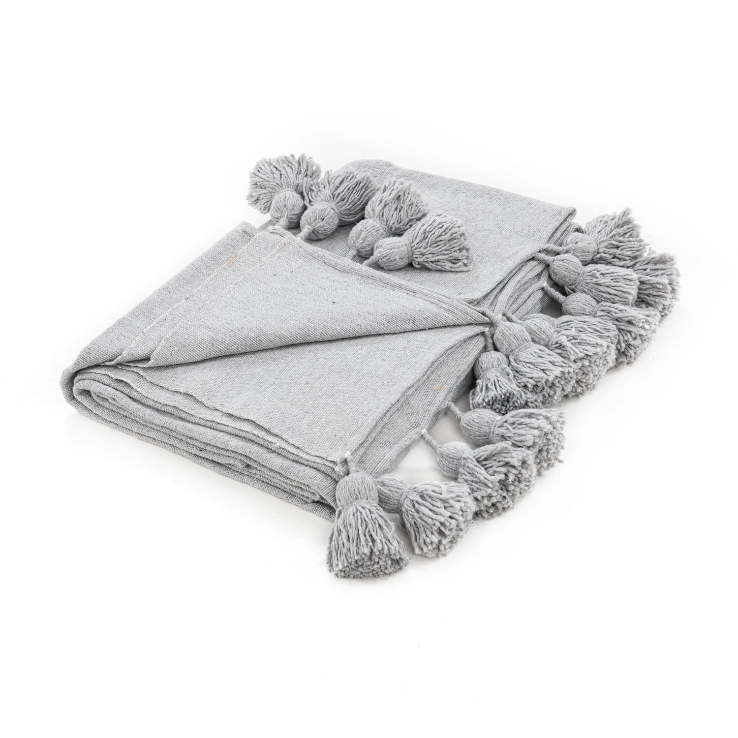 Moroccan Pom Pom Blanket - Light Grey - Benisouk