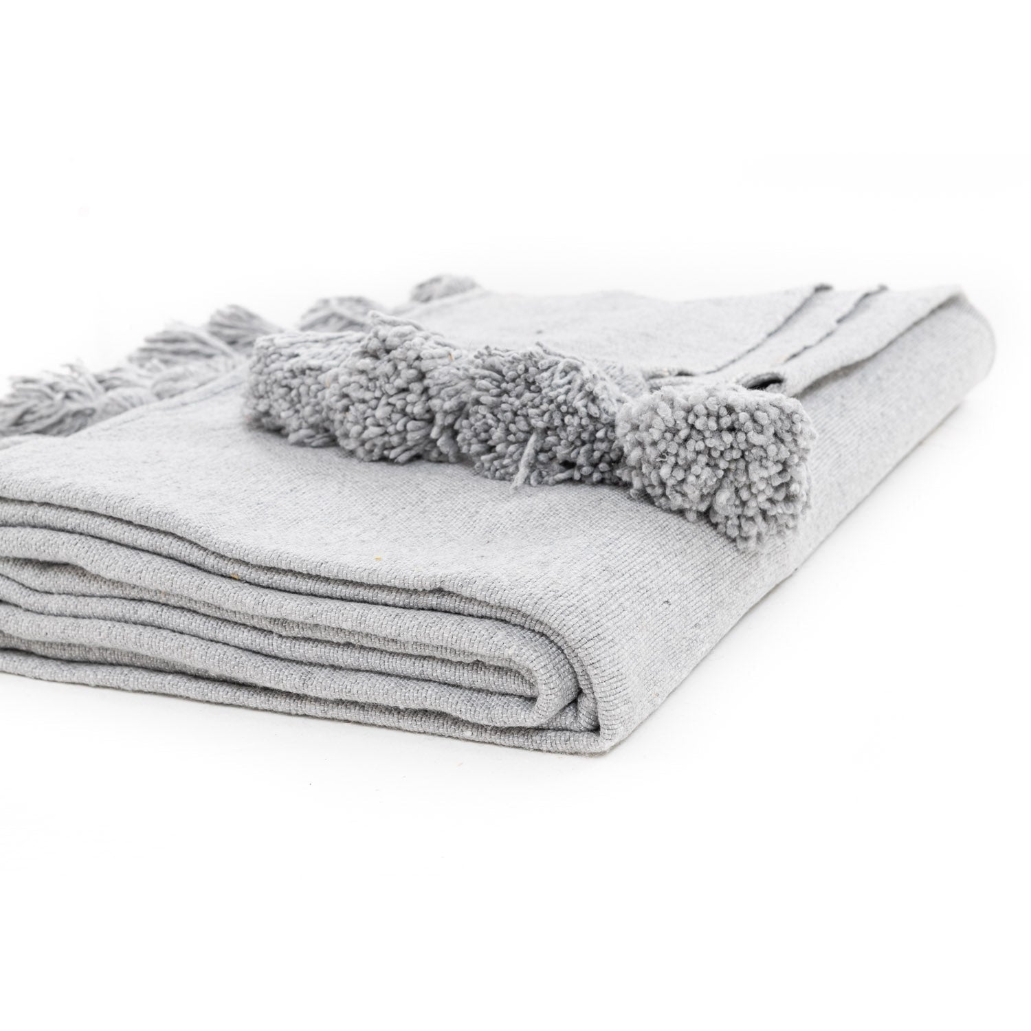 Moroccan Pom Pom Blanket - Light Grey - Benisouk