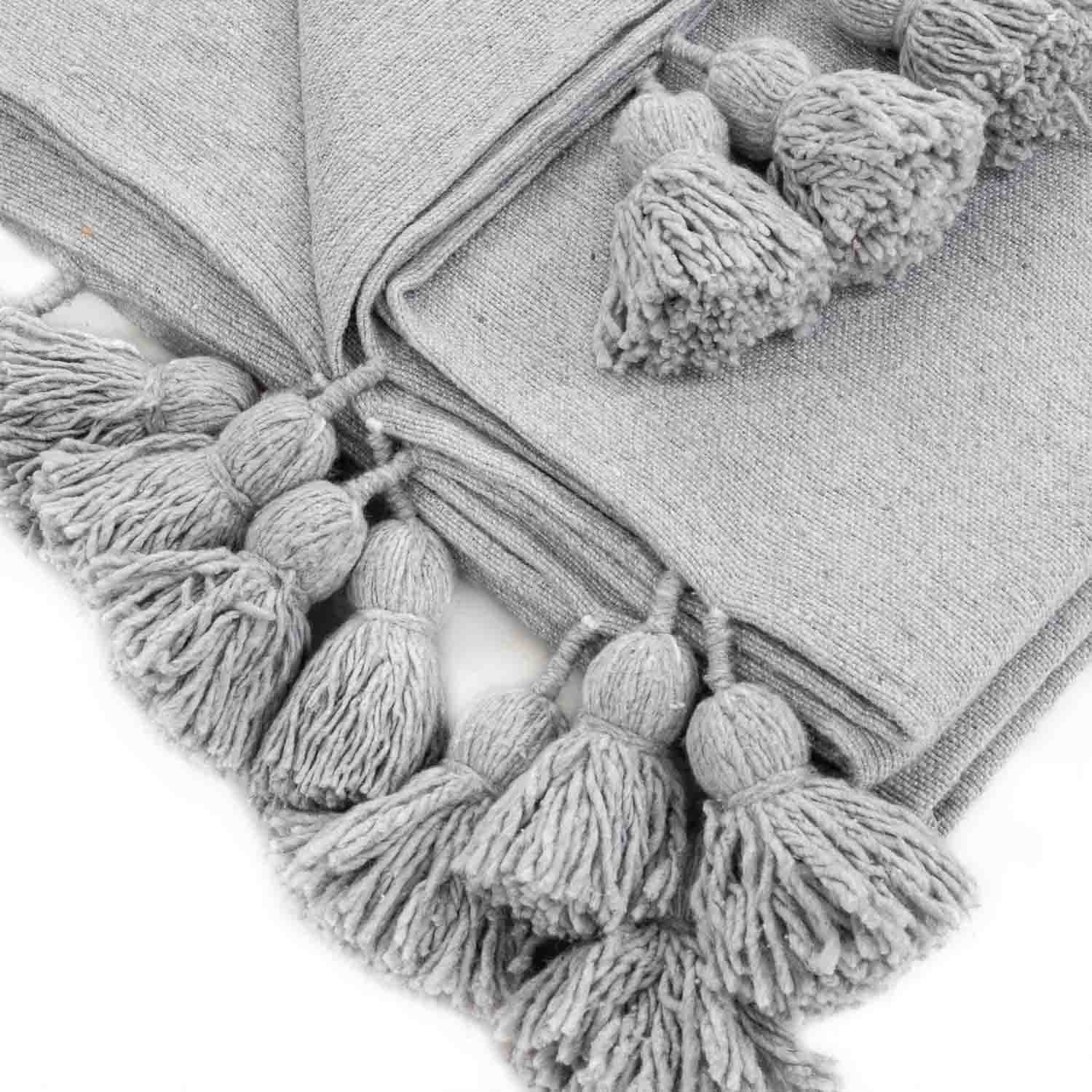 Moroccan Pom Pom Blanket - Light Grey - Benisouk