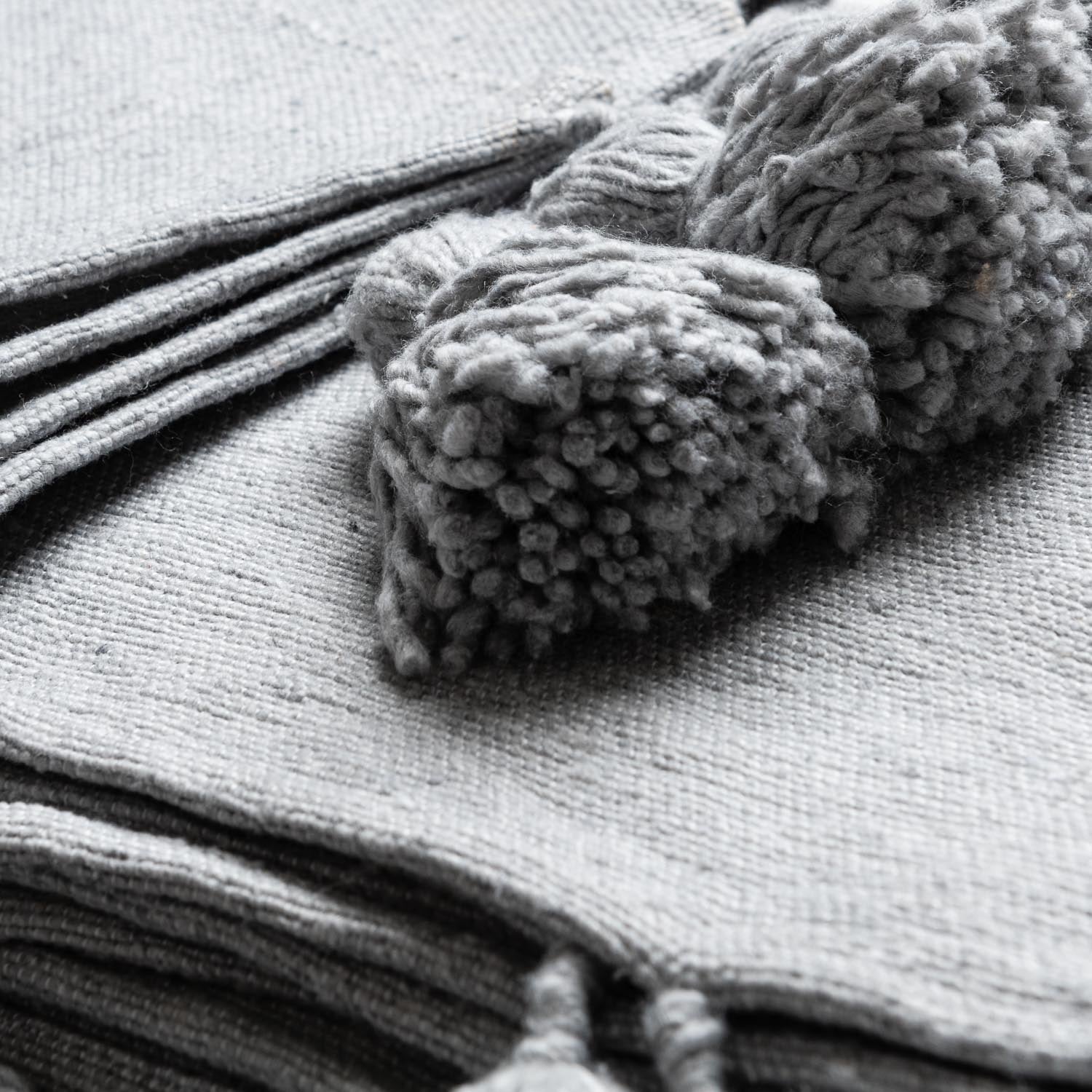 Moroccan Pom Pom Blanket - Light Grey - Benisouk