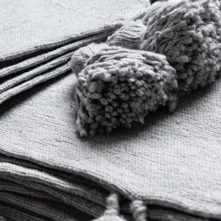 Moroccan Pom Pom Blanket - Light Grey - Benisouk