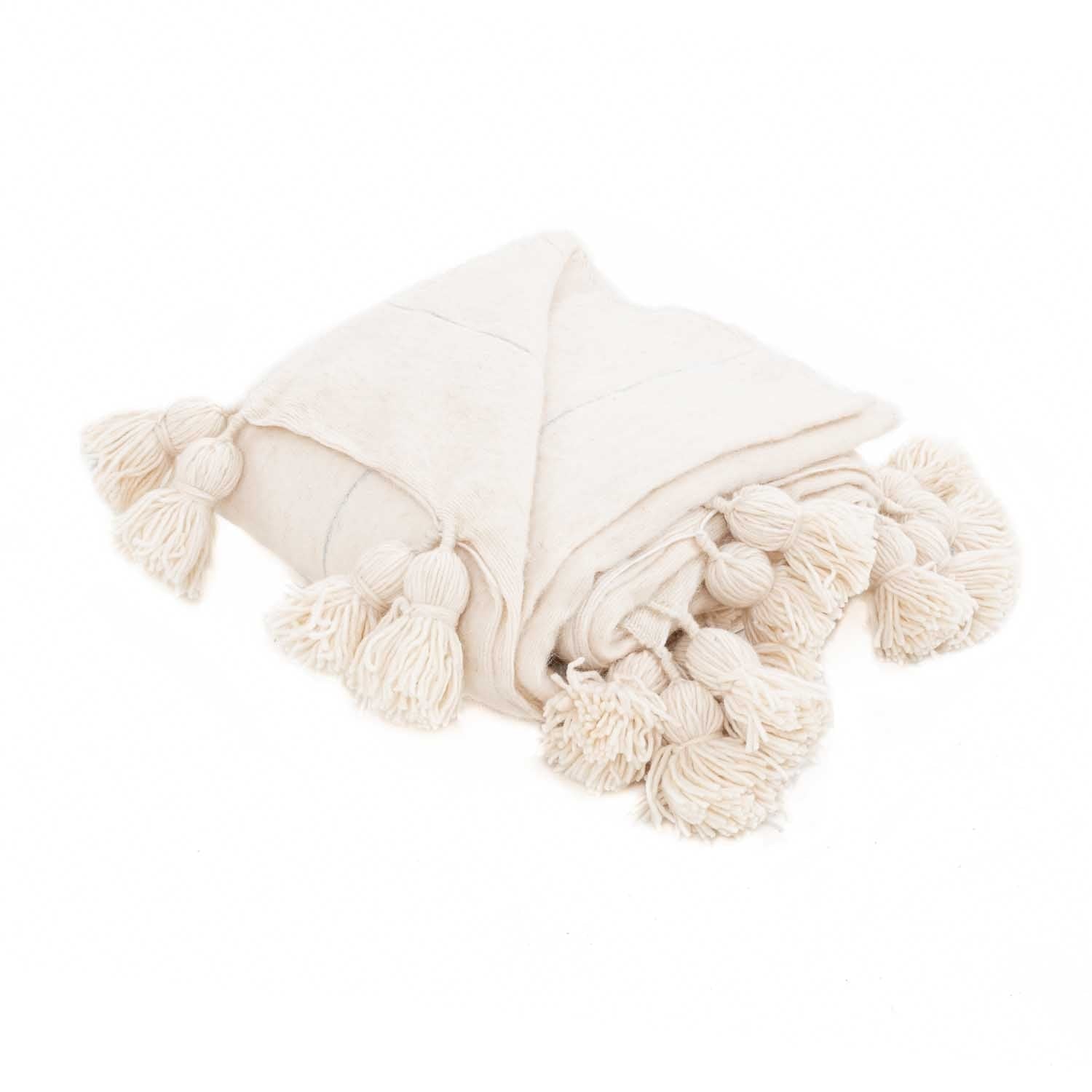 Moroccan Pom Pom Blanket - Natural & Silver - Benisouk