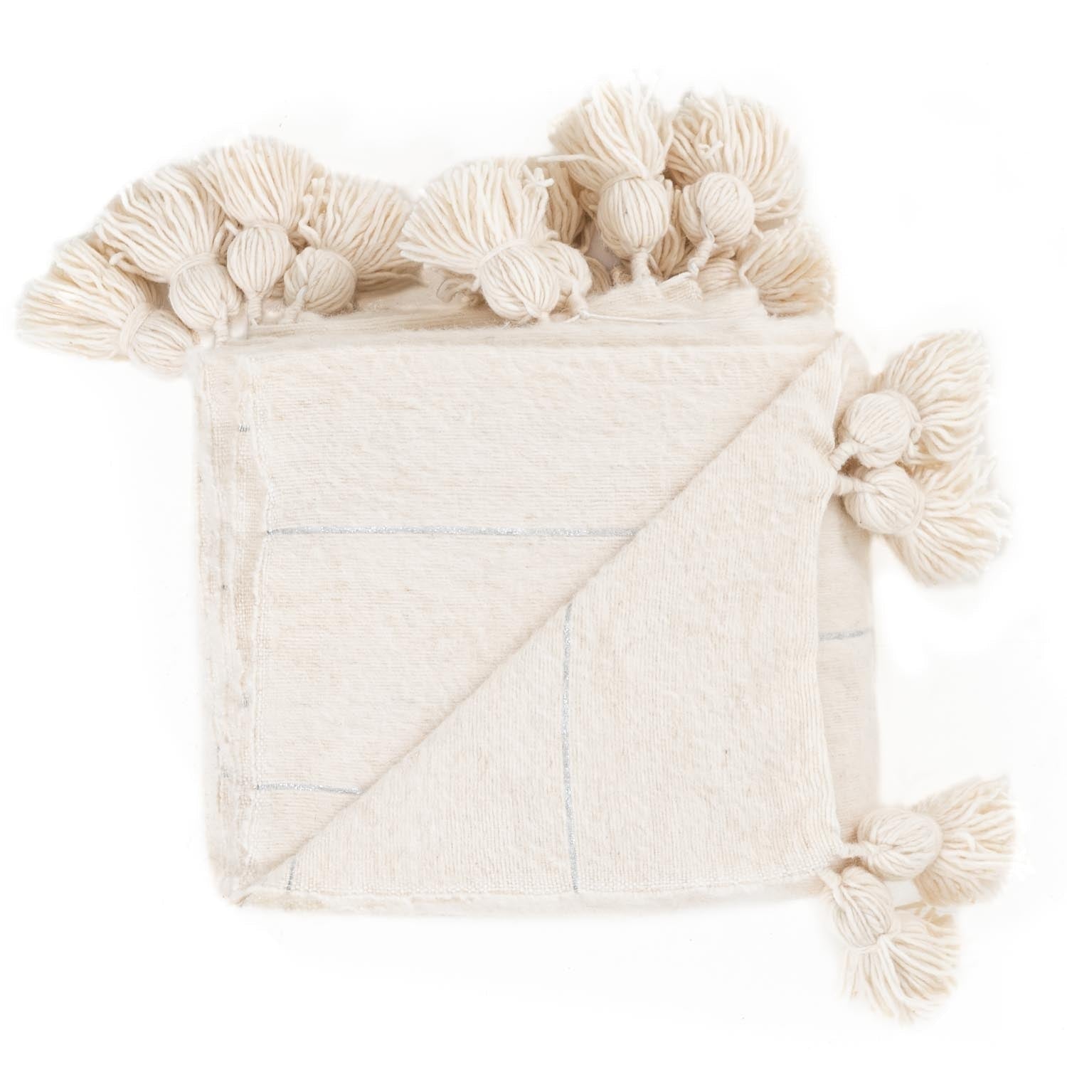 Moroccan Pom Pom Blanket - Natural & Silver - Benisouk