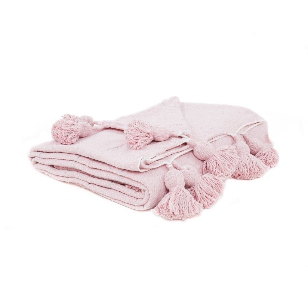 Moroccan Pom Pom Blanket - Pink - Benisouk