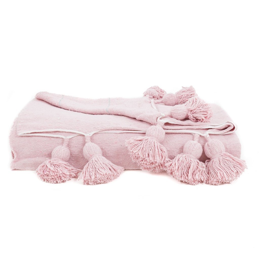 Moroccan Pom Pom Blanket - Pink - Benisouk