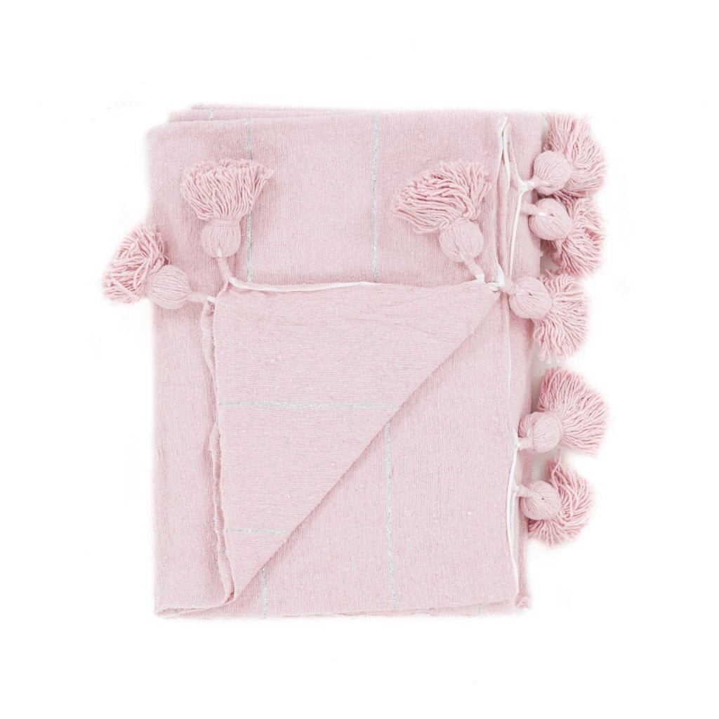 Moroccan Pom Pom Blanket - Pink - Benisouk