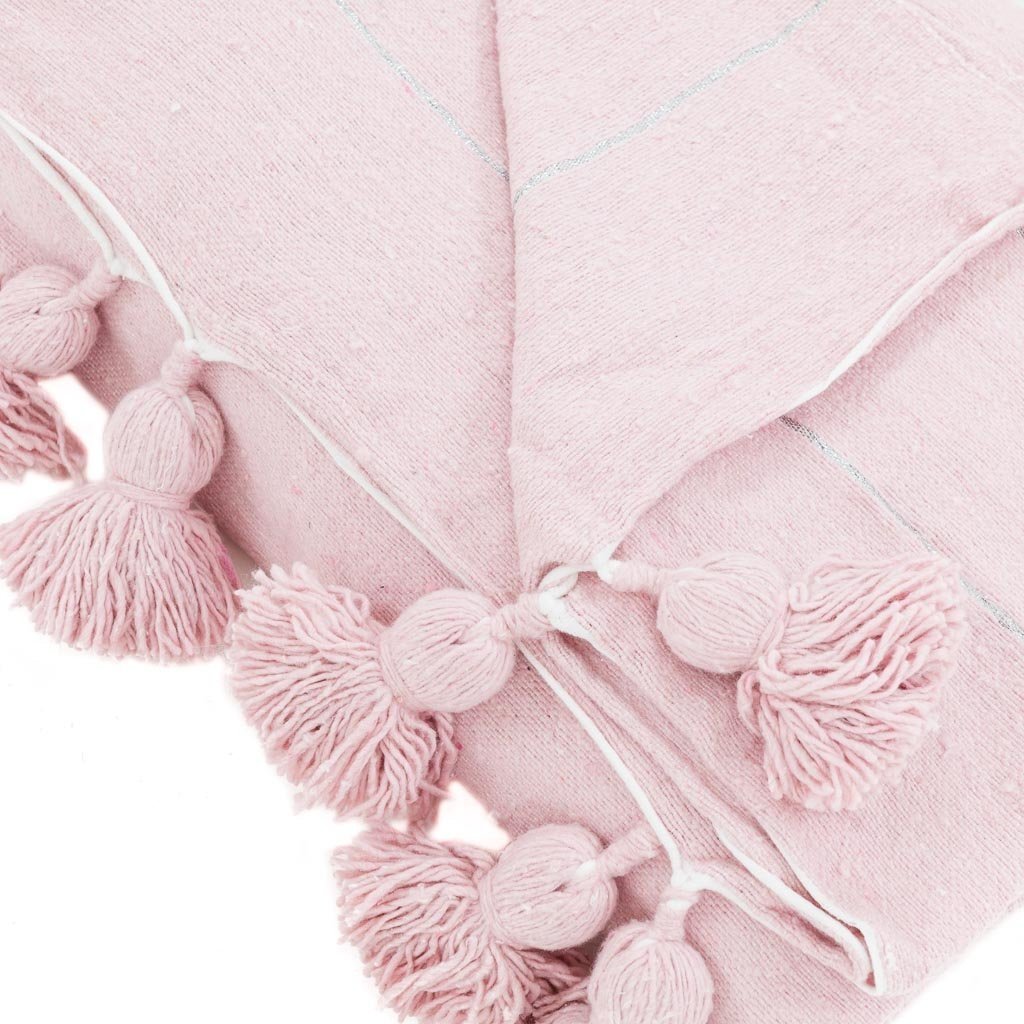 Moroccan Pom Pom Blanket - Pink - Benisouk
