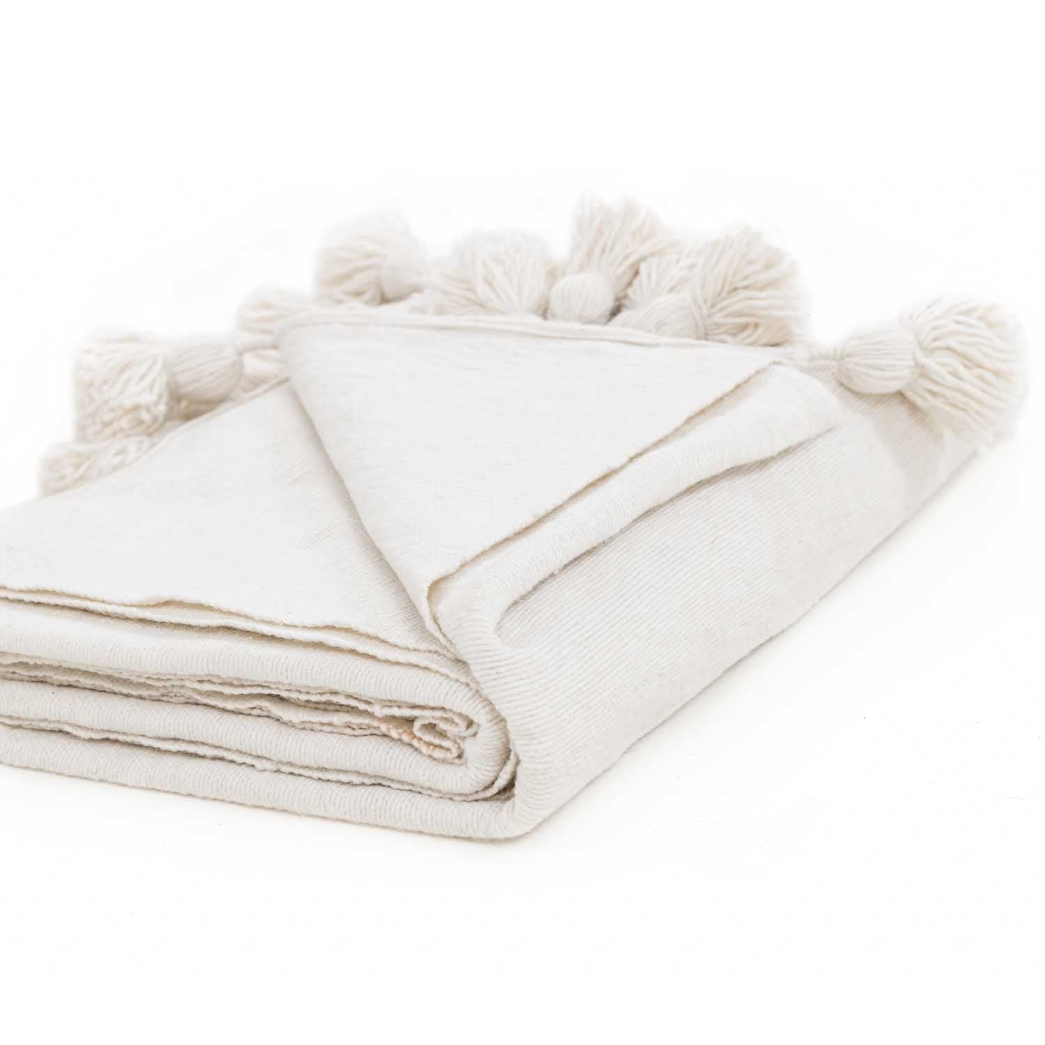 Moroccan Pom Pom Blanket - White - Benisouk