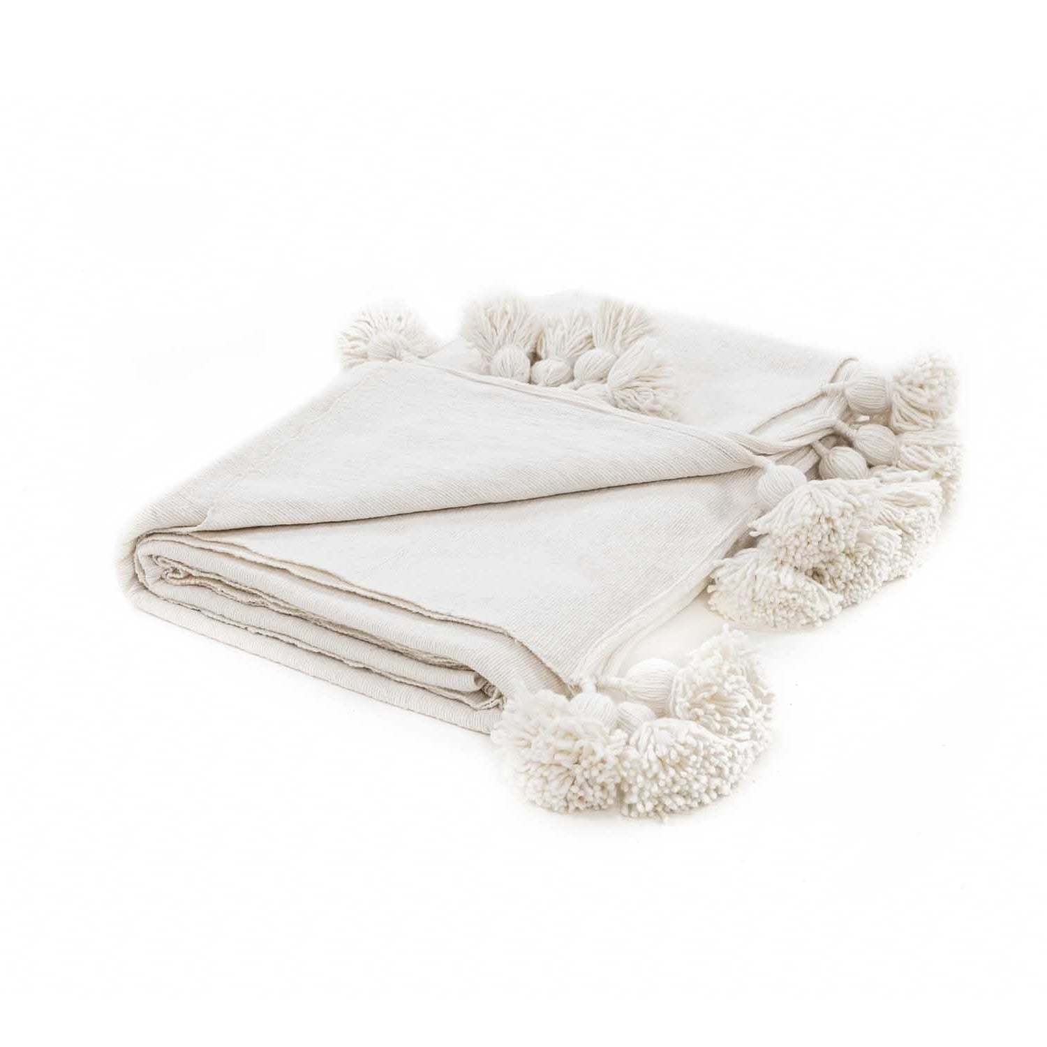 Moroccan Pom Pom Blanket - White - Benisouk