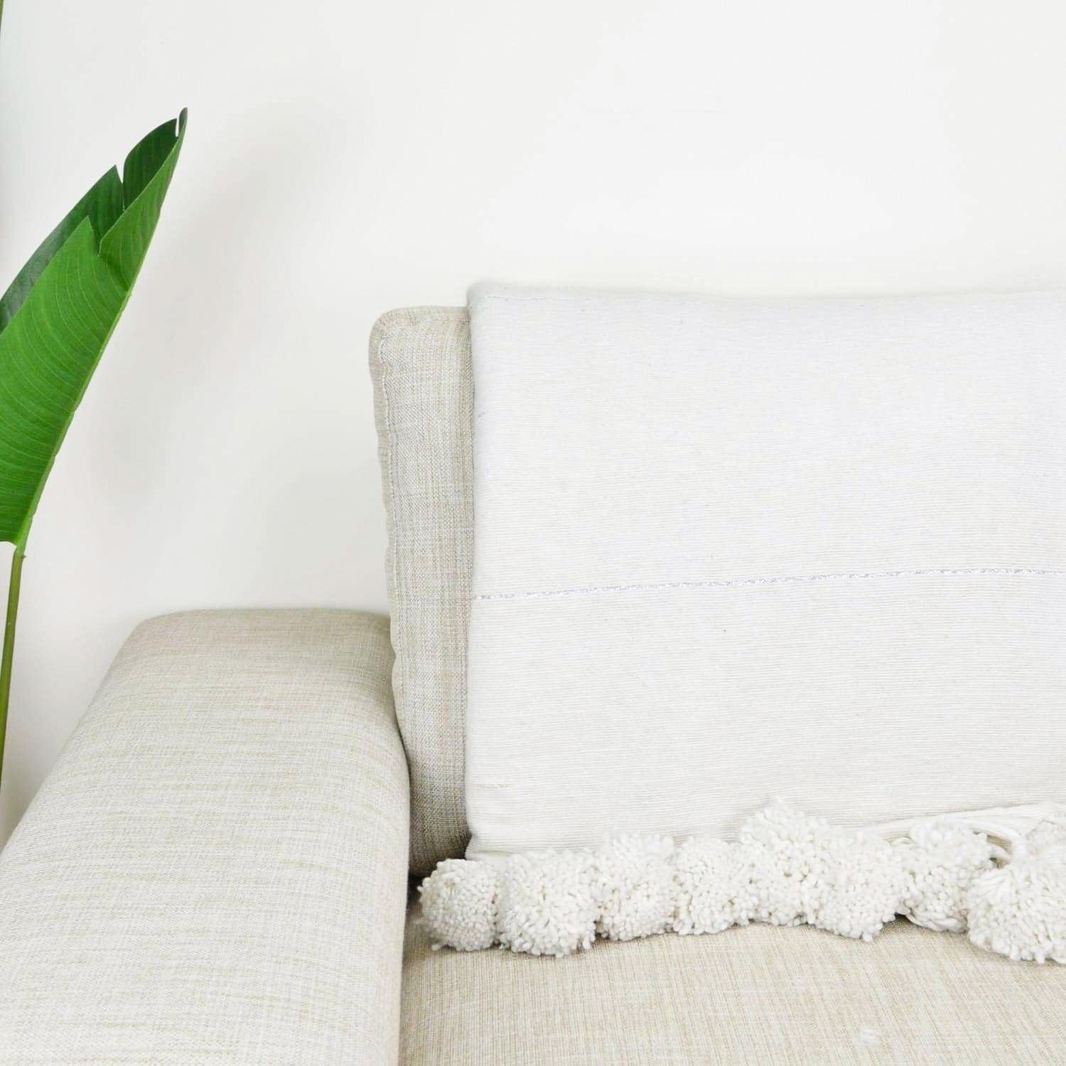 Moroccan Pom Pom Blanket - White - Benisouk