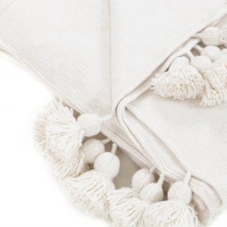 Moroccan Pom Pom Blanket - White - Benisouk