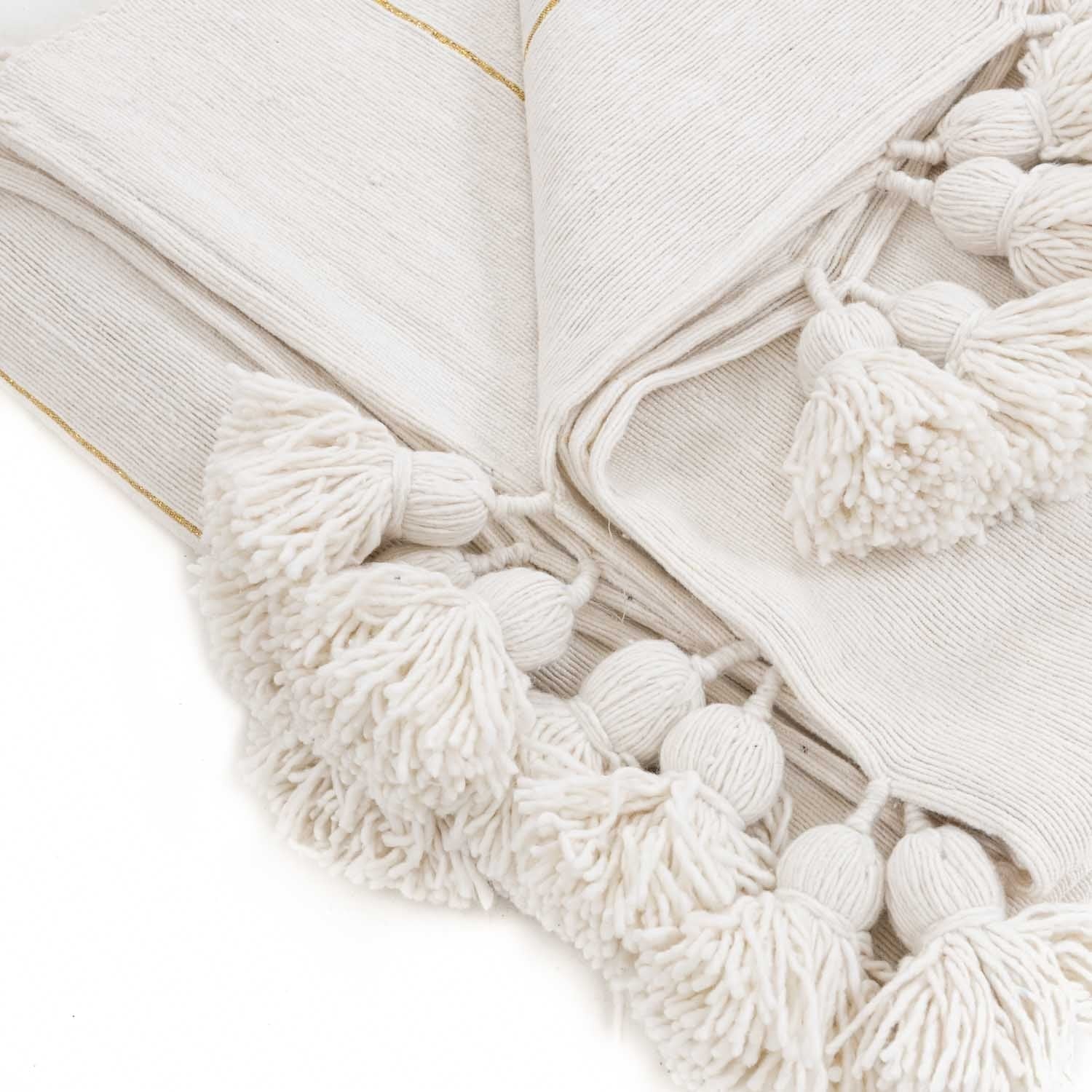 Moroccan Pom Pom Blanket - White & Gold - Benisouk