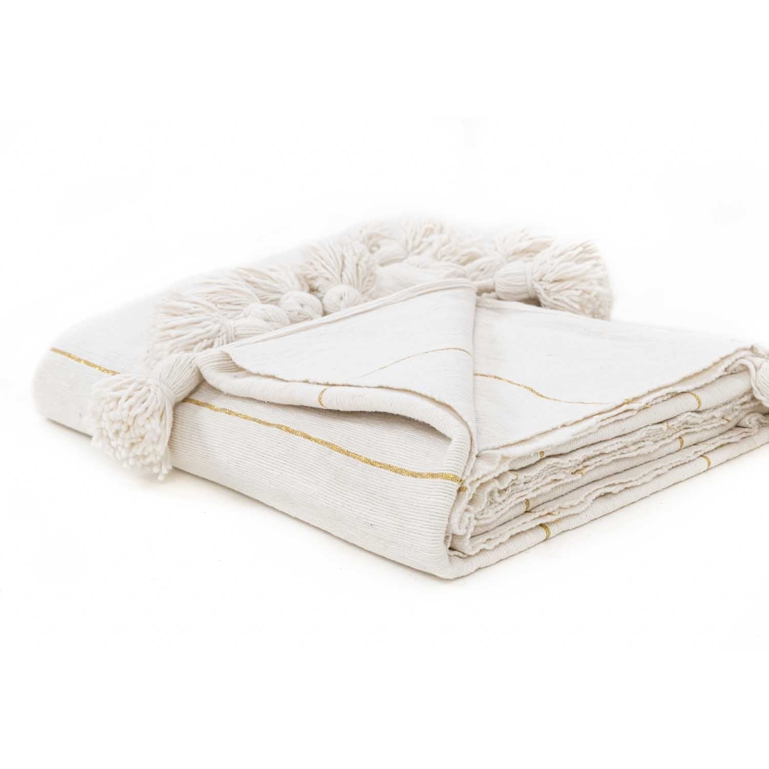 Moroccan Pom Pom Blanket - White & Gold - Benisouk