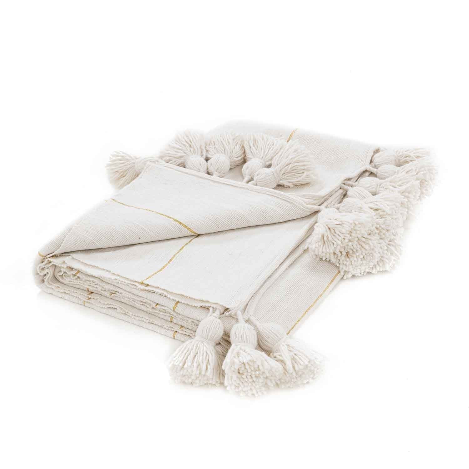 Moroccan Pom Pom Blanket - White & Gold - Benisouk
