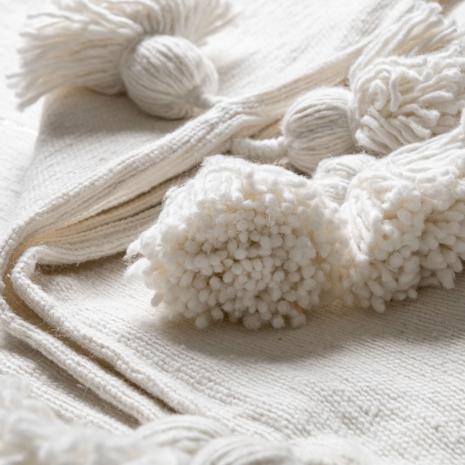 Moroccan Pom Pom Blanket - White & Silver - Benisouk