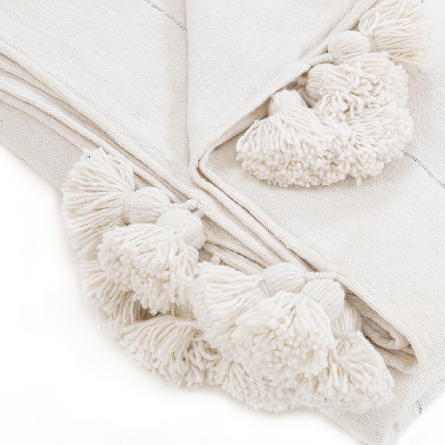 Moroccan Pom Pom Blanket - White & Silver - Benisouk