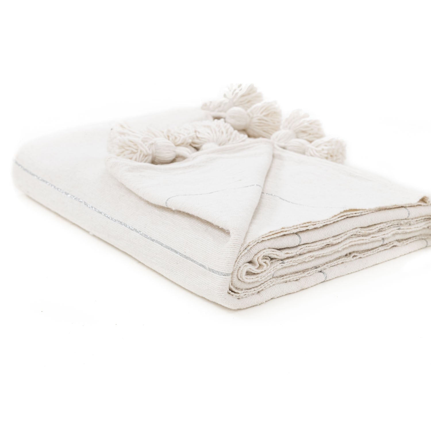 Moroccan Pom Pom Blanket - White & Silver - Benisouk