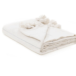 Moroccan Pom Pom Blanket - White & Silver - Benisouk