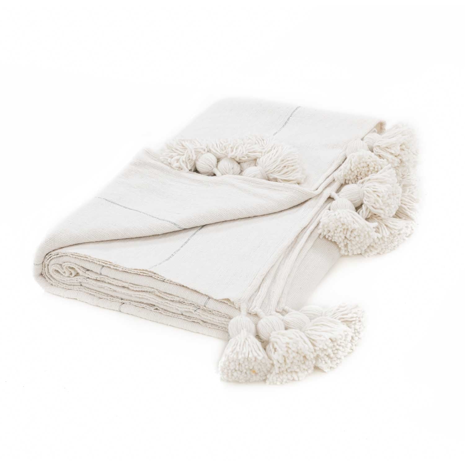 Moroccan Pom Pom Blanket - White & Silver - Benisouk