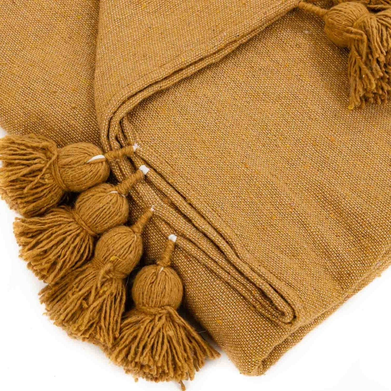Moroccan Pom Pom Blanket - Yellow - Benisouk
