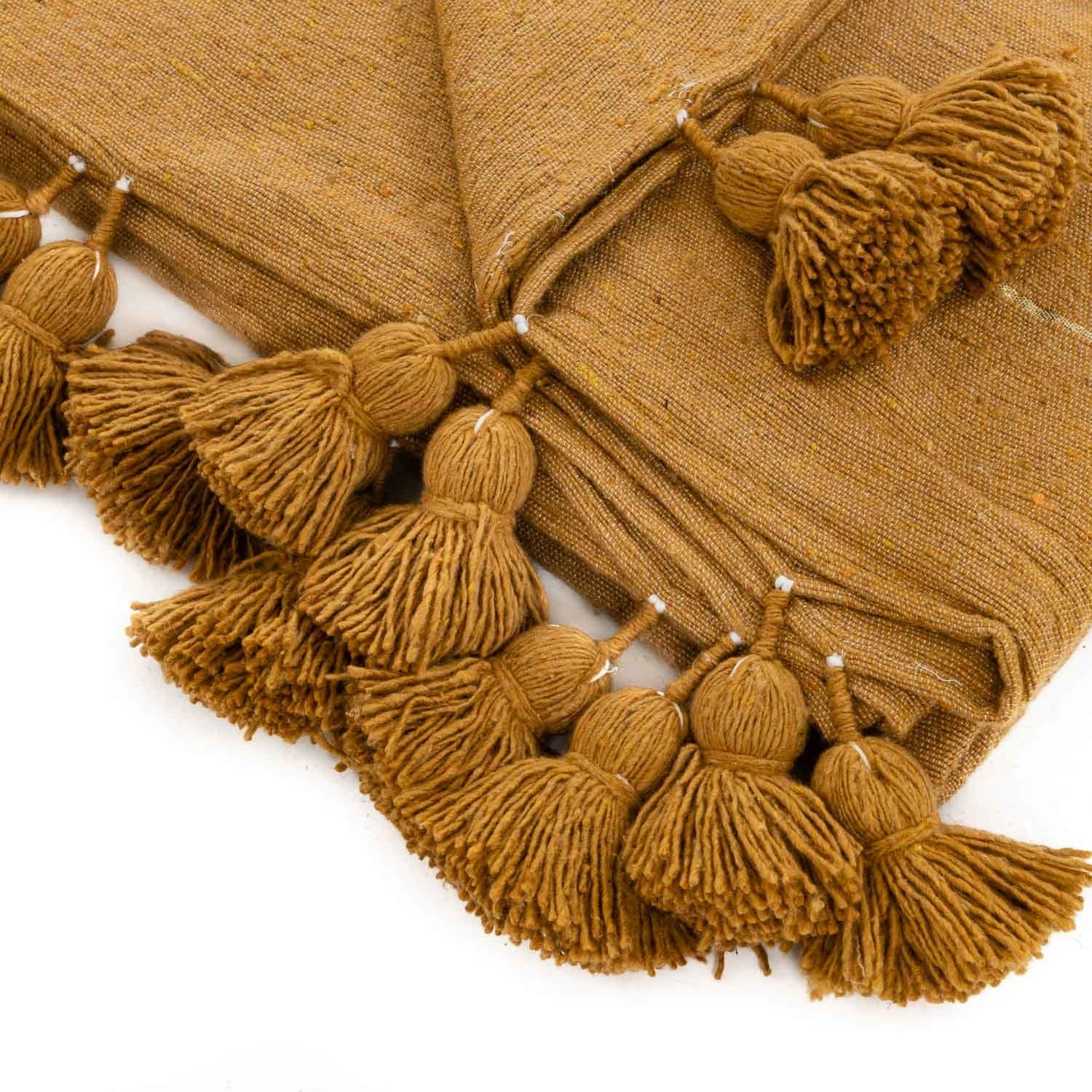 Moroccan Pom Pom Blanket - Yellow & Gold - Benisouk