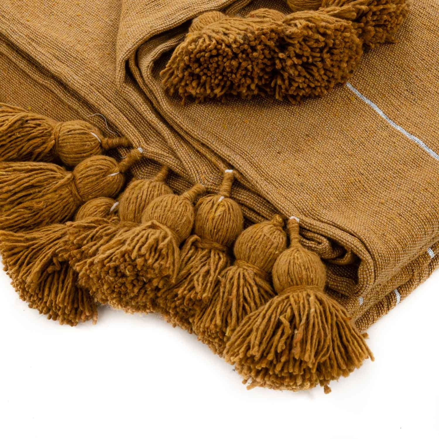 Moroccan Pom Pom Blanket - Yellow & Silver - Benisouk