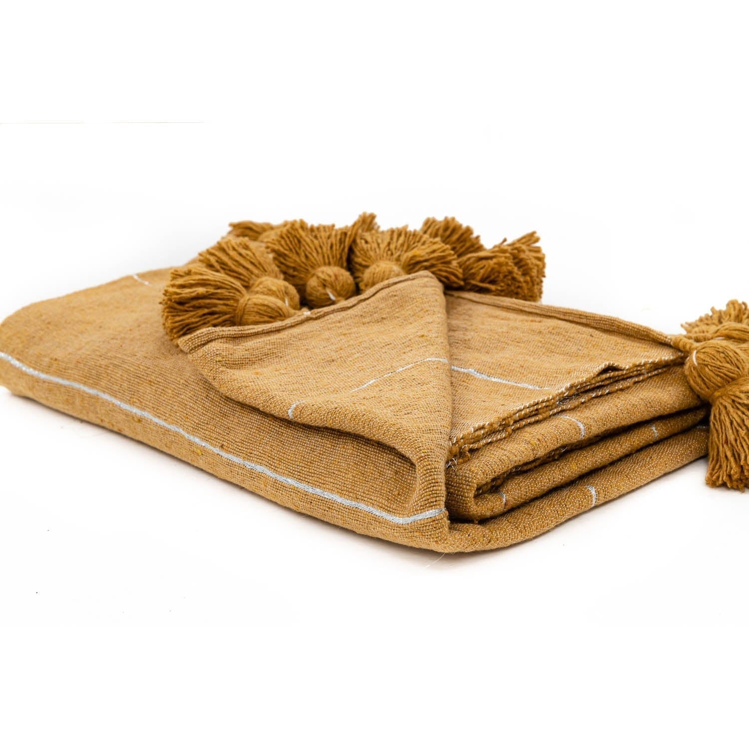 Moroccan Pom Pom Blanket - Yellow & Silver - Benisouk